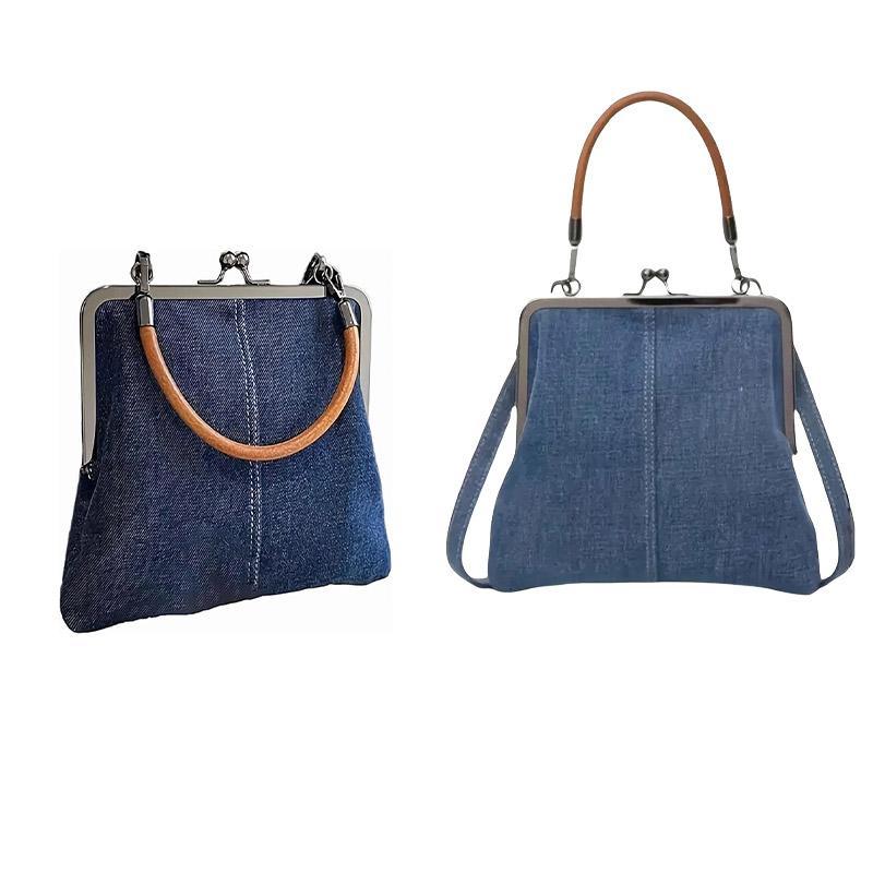 Small Handbag Women Tote Bag Cowboy Splicing Crossbody Shoulder Satchel Bag - Light Blue