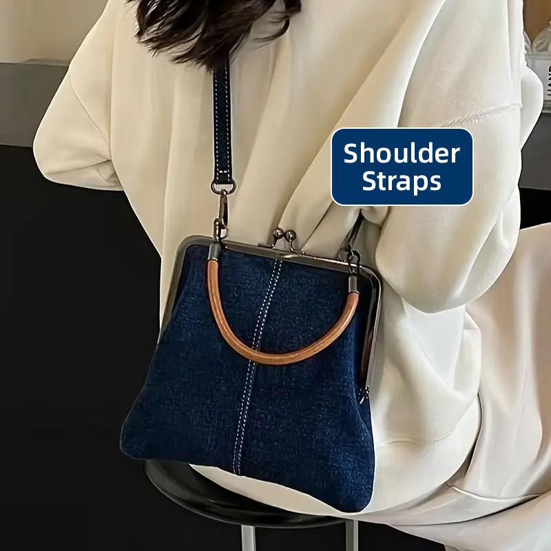 Small Handbag Women Tote Bag Cowboy Splicing Crossbody Shoulder Satchel Bag - Light Blue