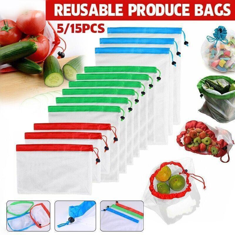 Up 15X Eco Friendly Reusable Mesh Produce Bags Superior Double Stitched Strength - 5PCS Medium Green