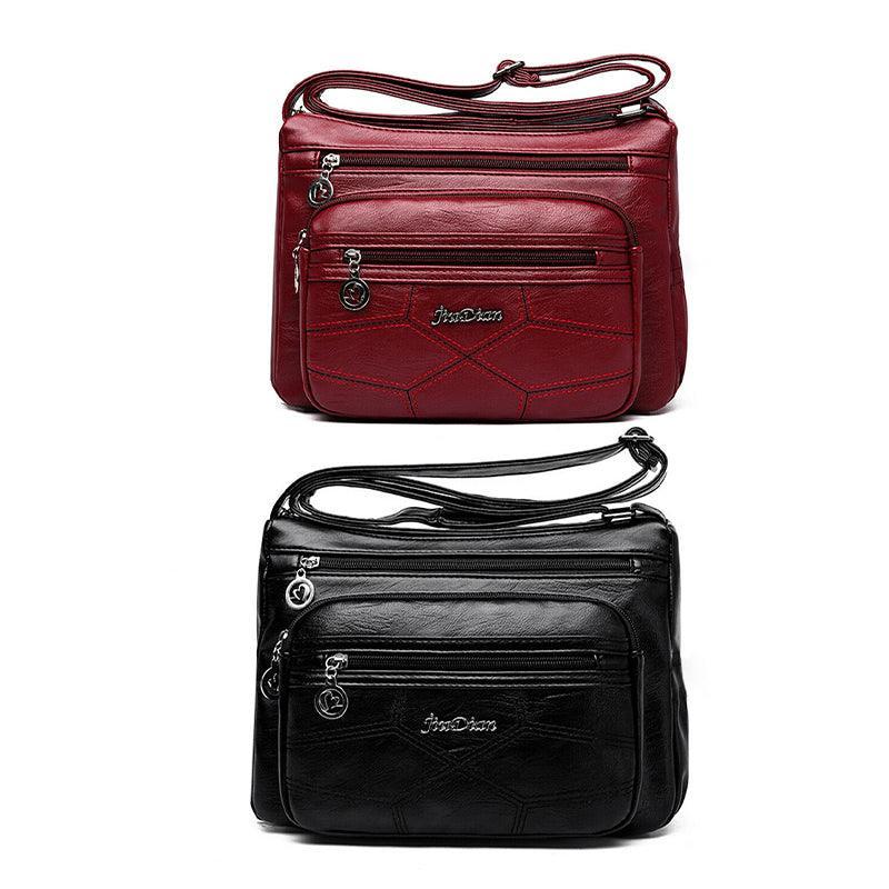 Multi Pocket Women Shoulder Bag Leather Crossbody Handbag Everyday Messenger - Red