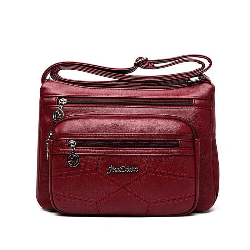 Multi Pocket Women Shoulder Bag Leather Crossbody Handbag Everyday Messenger - Red