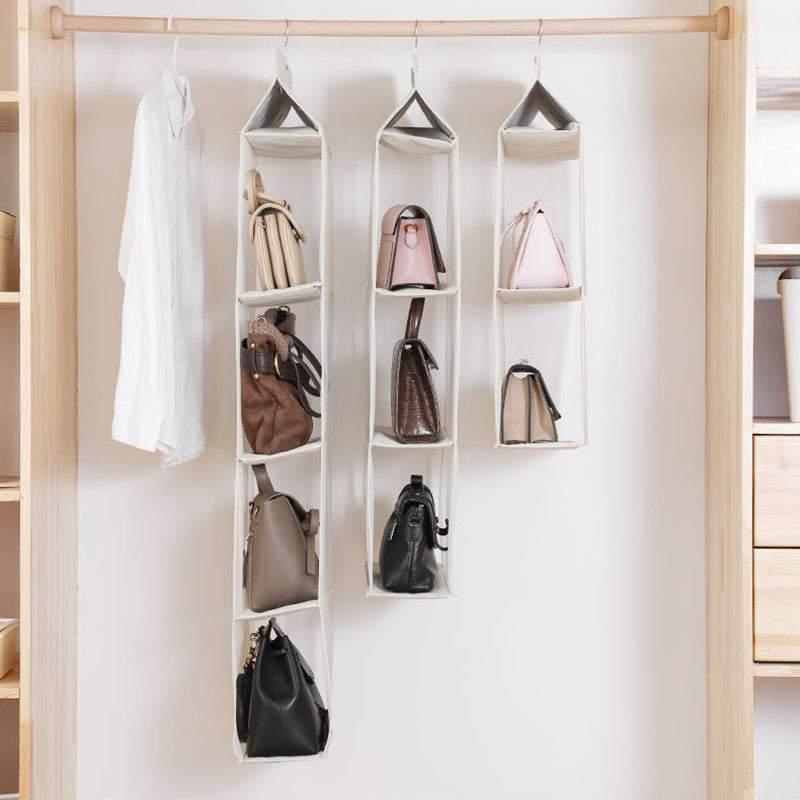 Beige Bag Storage Holder Wardrobe Closet Hanging Handbag Organizer 2/3/4 Pockets - 2 Layers