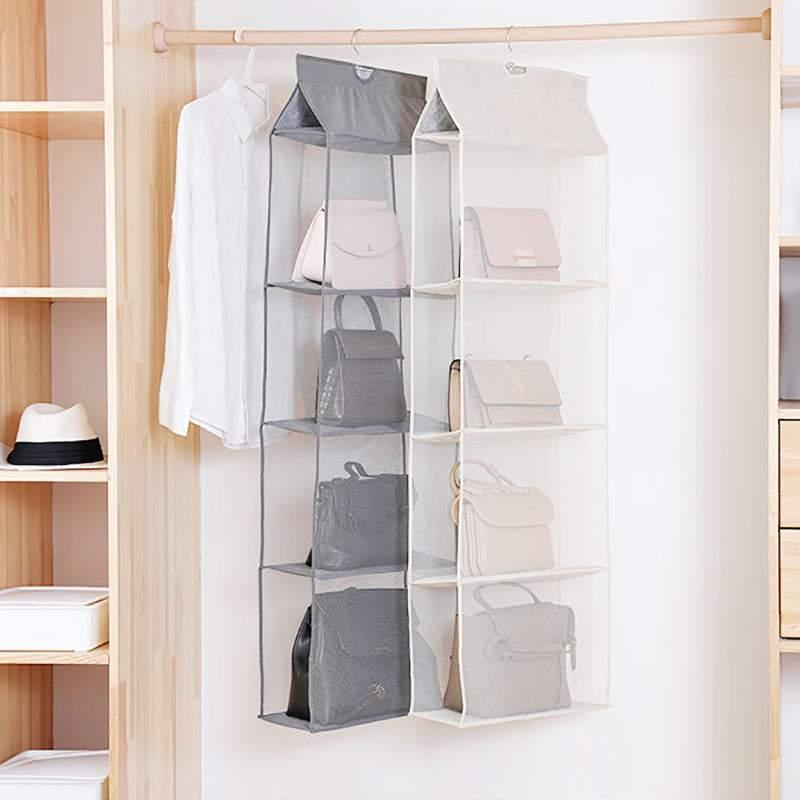 Beige Bag Storage Holder Wardrobe Closet Hanging Handbag Organizer 2/3/4 Pockets - 2 Layers
