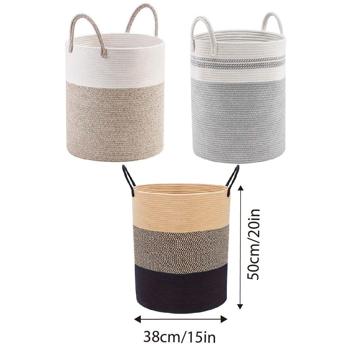 Woven Cotton Rope Storage Basket Foldable Laundry Bin Bamboo Clothes Organizer - Khaki Black
