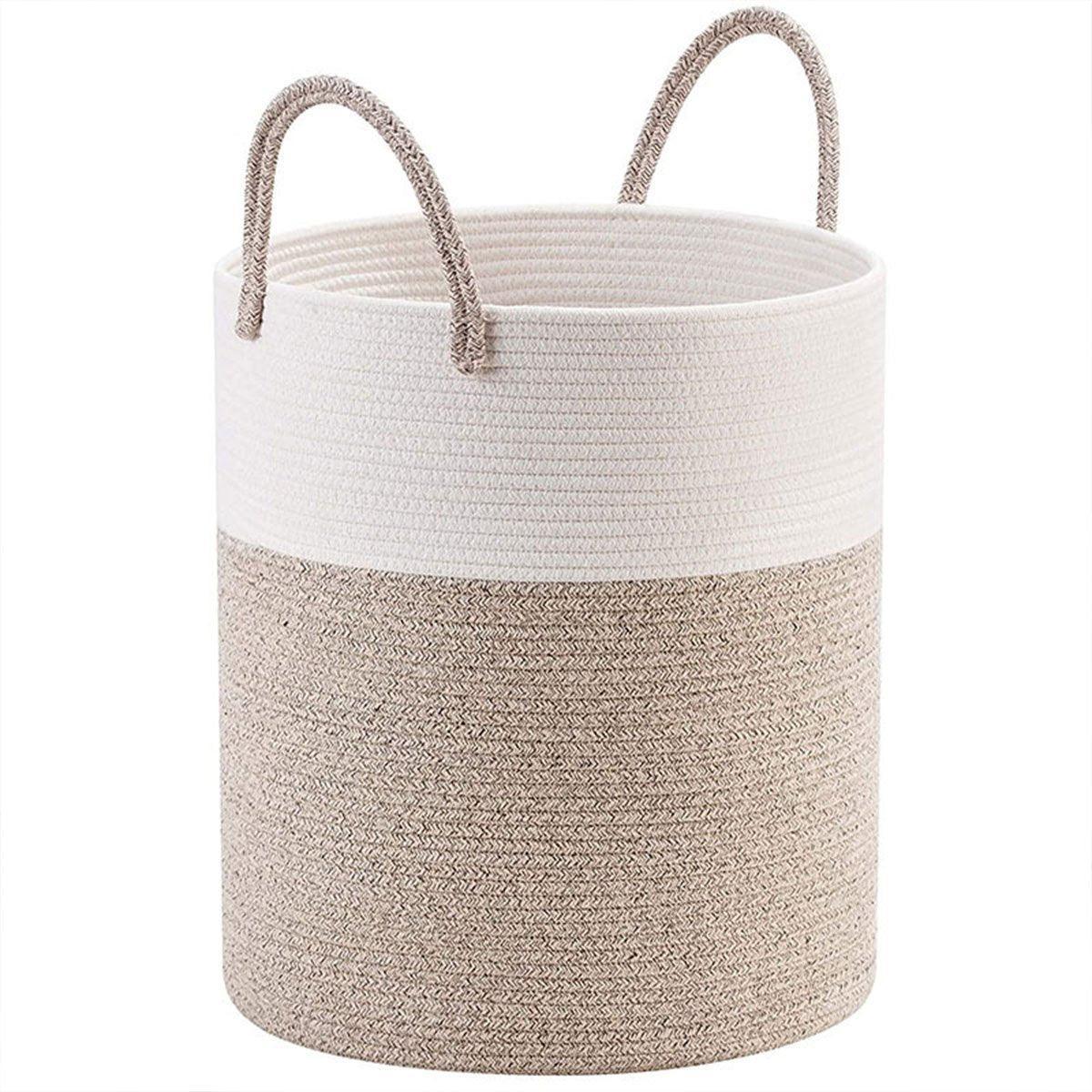 Woven Cotton Rope Storage Basket Foldable Laundry Bin Bamboo Clothes Organizer - White Brown