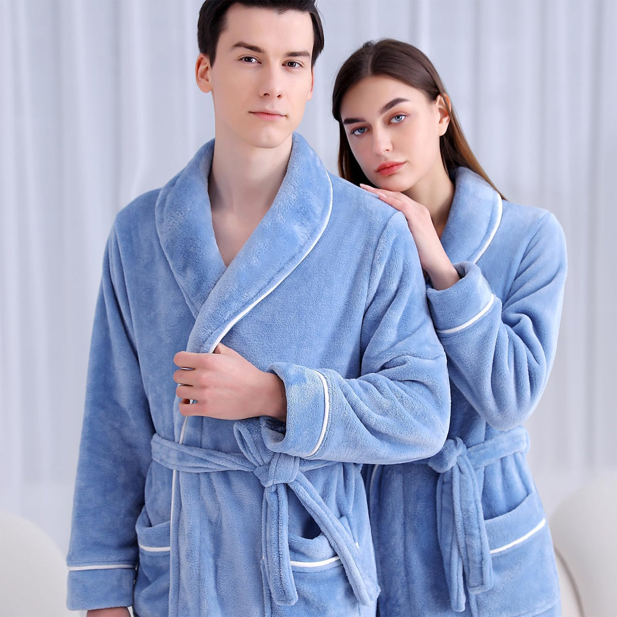Flannel Bathrobe Set Autumn Winter Coral Fleece Nightgown for Men and Women Warm - Grey