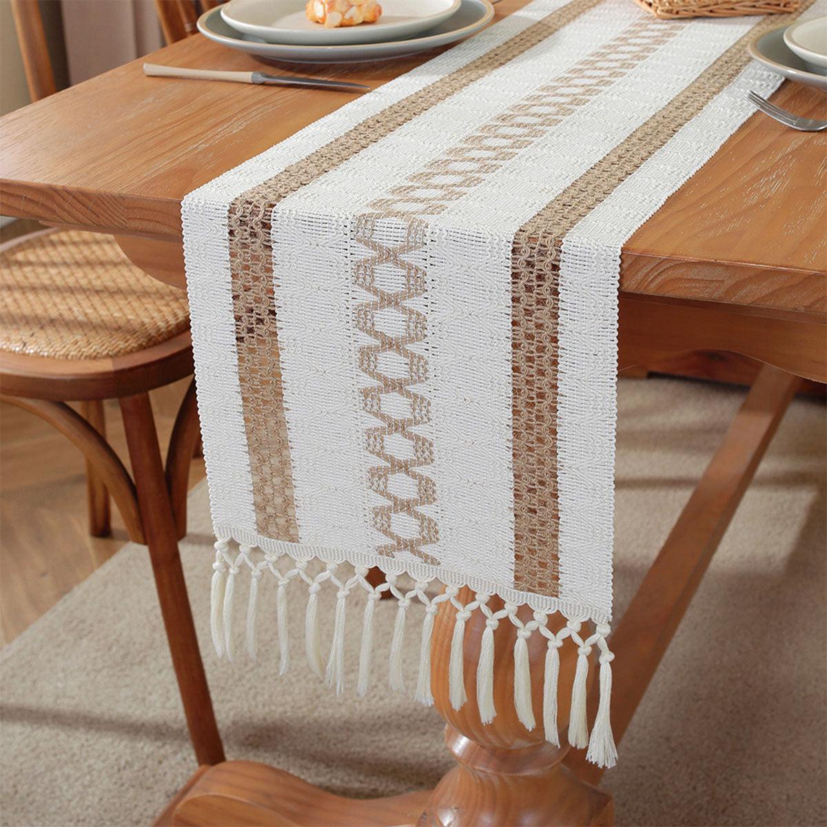 Cotton Linen Table Runner with Knot Tassel Bed End Towel Long Tablecloth Mat - Light brown