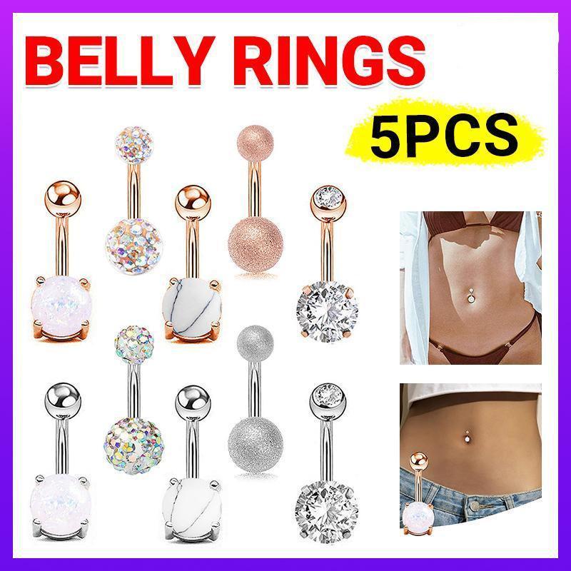 5Pcs Belly Bar Piercing Ring Crystal Zircon Surgical Steel Silver Jewellery - Rose Gold