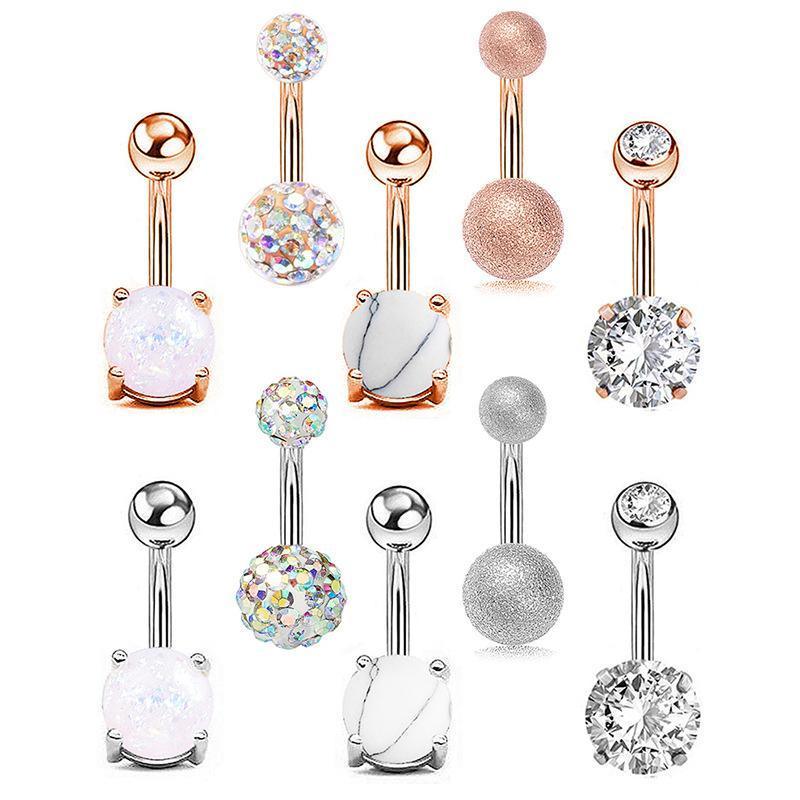 5Pcs Belly Bar Piercing Ring Crystal Zircon Surgical Steel Silver Jewellery - Rose Gold