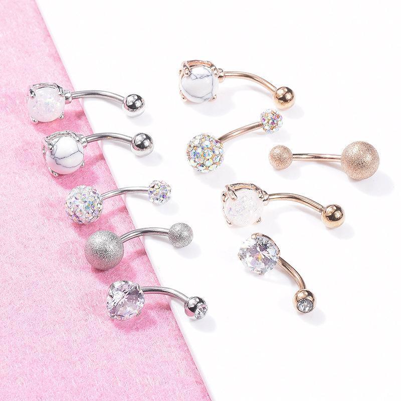 5Pcs Belly Bar Piercing Ring Crystal Zircon Surgical Steel Silver Jewellery - Rose Gold