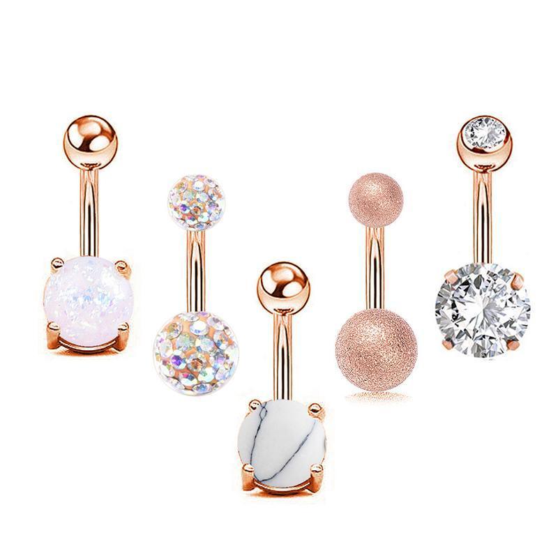 5Pcs Belly Bar Piercing Ring Crystal Zircon Surgical Steel Silver Jewellery - Rose Gold