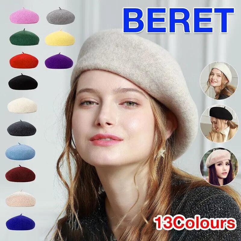 Women Ladies Beanie Wool French Beret Newsboy Hat Cap Winter Warm Hats Girls - Black