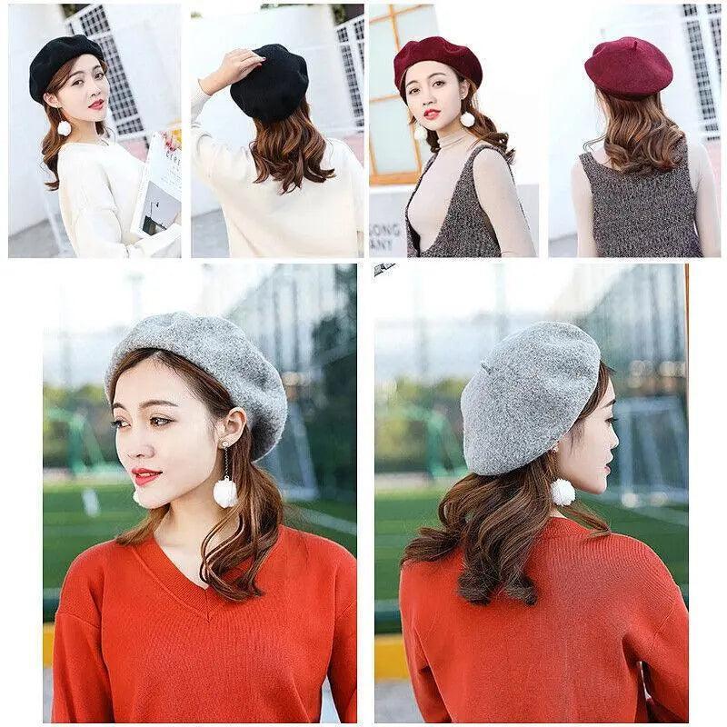 Women Ladies Beanie Wool French Beret Newsboy Hat Cap Winter Warm Hats Girls - Purple