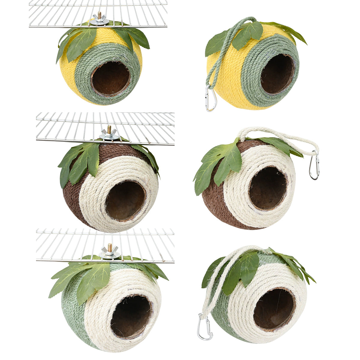 Bird Nest Parrot Nest Coconut Shell Braided Twine Colourful Cage Hanging Bed - White-Brown-Screw Model