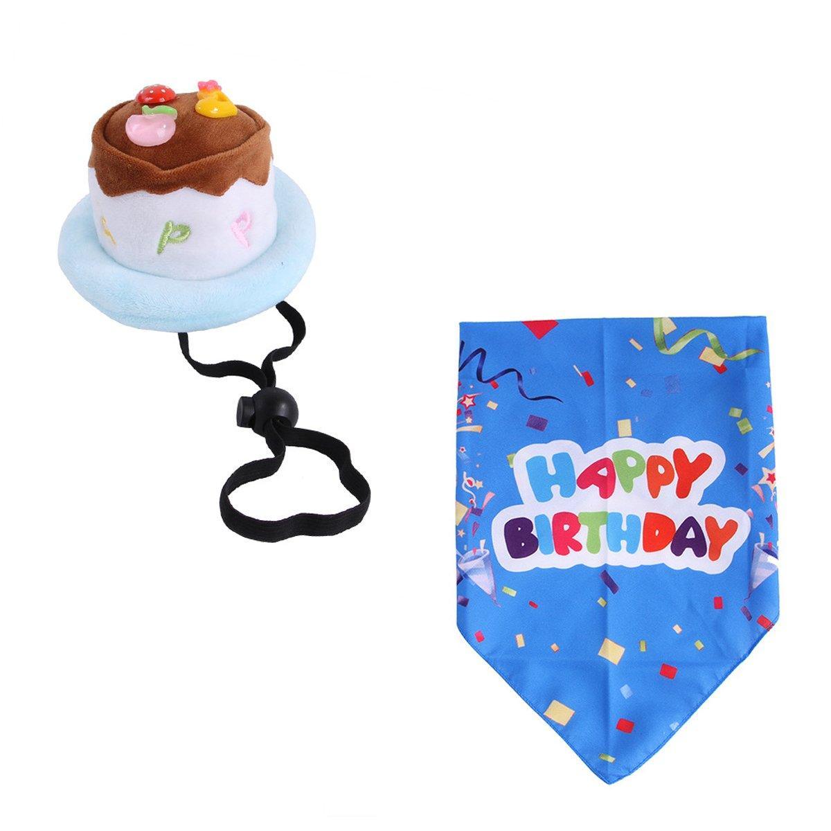Pet Birthday Cake Hat and Triangle Towel combination Fun Party Dress Up for Pets - Blue
