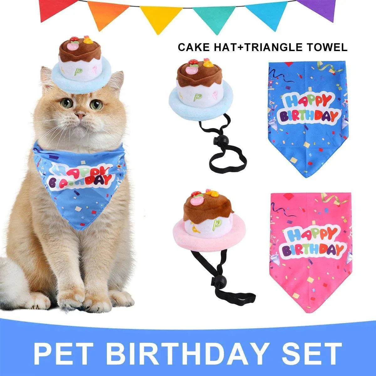 Pet Birthday Cake Hat and Triangle Towel combination Fun Party Dress Up for Pets - Pink