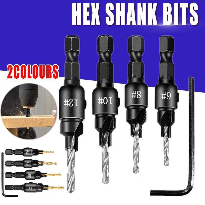 4PCS Screw Countersink Bit Set Pilot Holre Drill Metal Plastic Wood Hex Shank - Gold