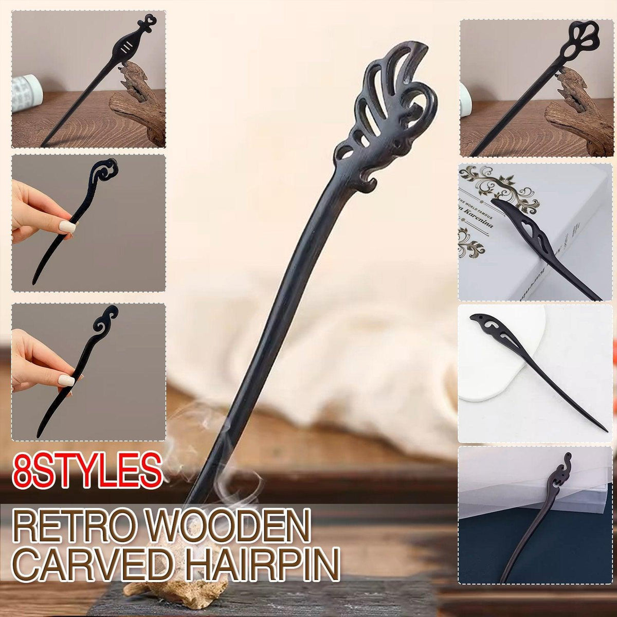 Retro Wooden Carved Hair Sticks Women Hairpin Barrette Chopsticks Accessories - F