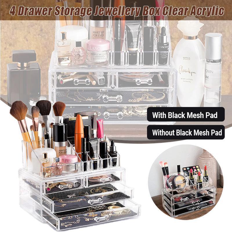 Holder Cosmetic Makeup Organiser 4 Drawer Storage Jewellery Box Clear Acrylic - With Black Mesh Pad