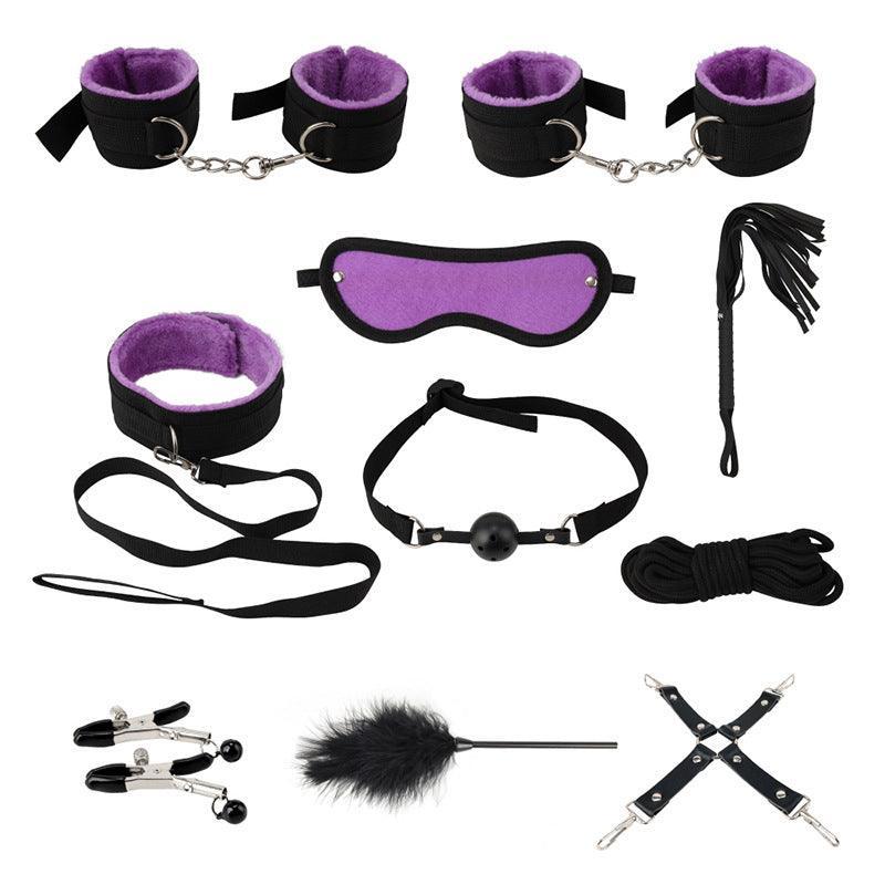 14Pcs Bondage Set Bdsm Restraint Ball Gag Fetish Handcuffs Couples Sex Whip Toy - Purple