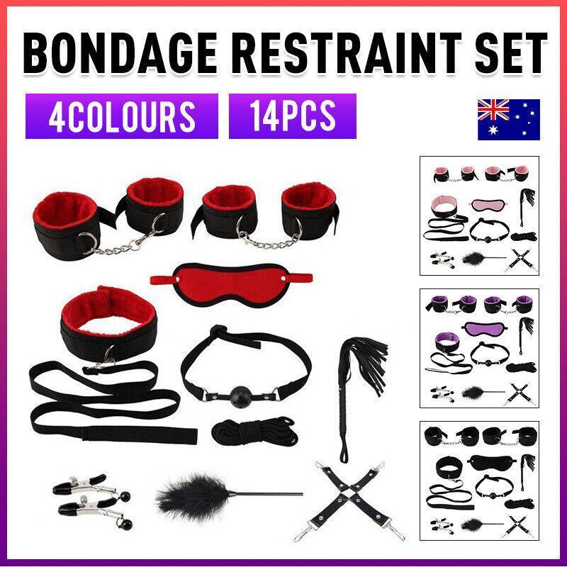 14Pcs Bondage Set Bdsm Restraint Ball Gag Fetish Handcuffs Couples Sex Whip Toy - Red
