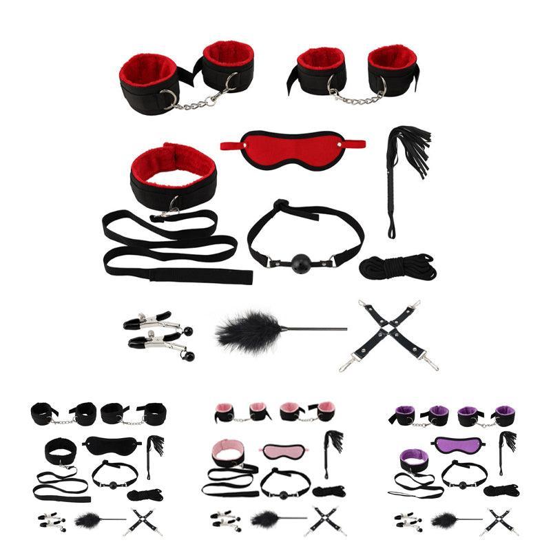 14Pcs Bondage Set Bdsm Restraint Ball Gag Fetish Handcuffs Couples Sex Whip Toy - Red