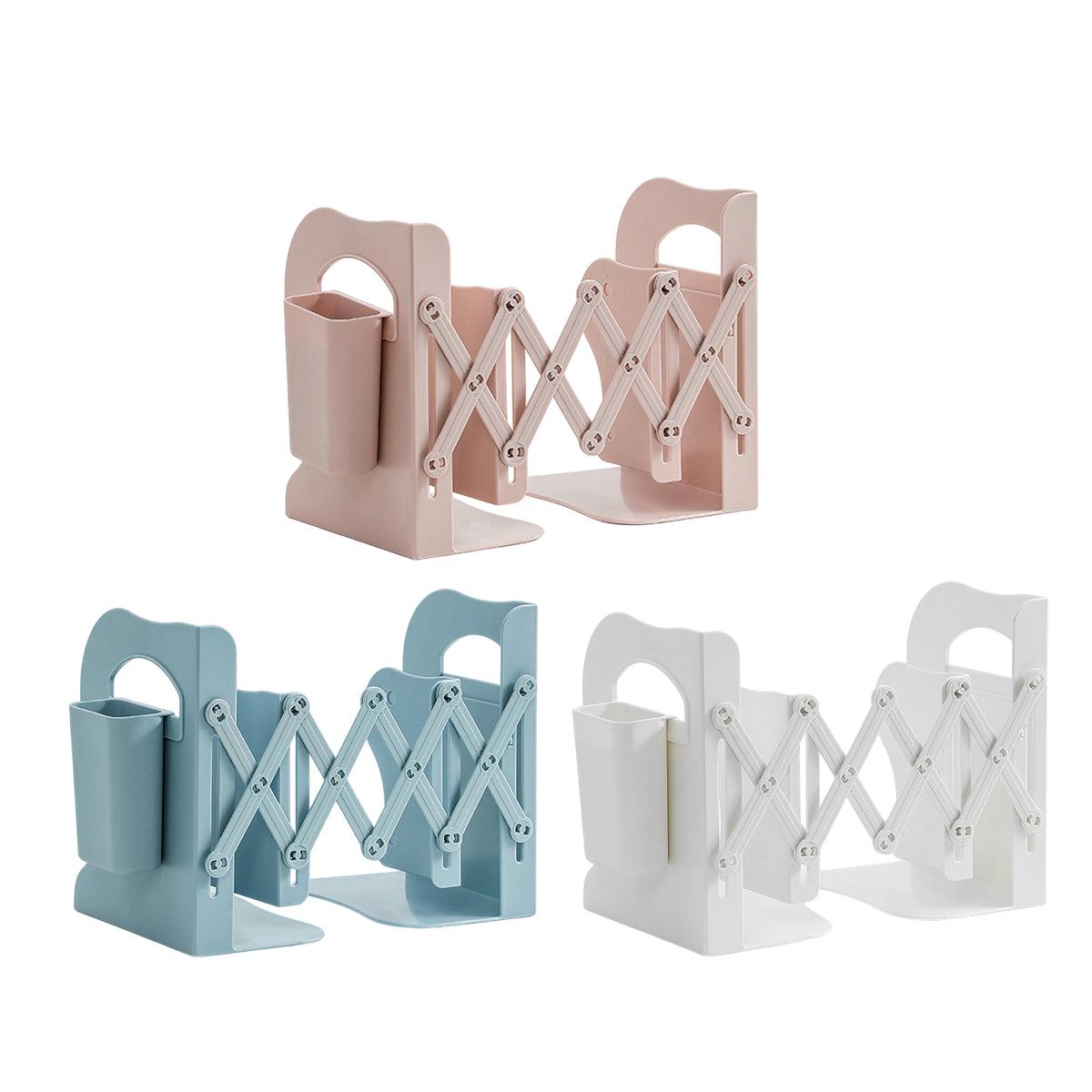 Retractable Book Stand Desk Organizer Adjustable Storage Rack with Pen Holder - White