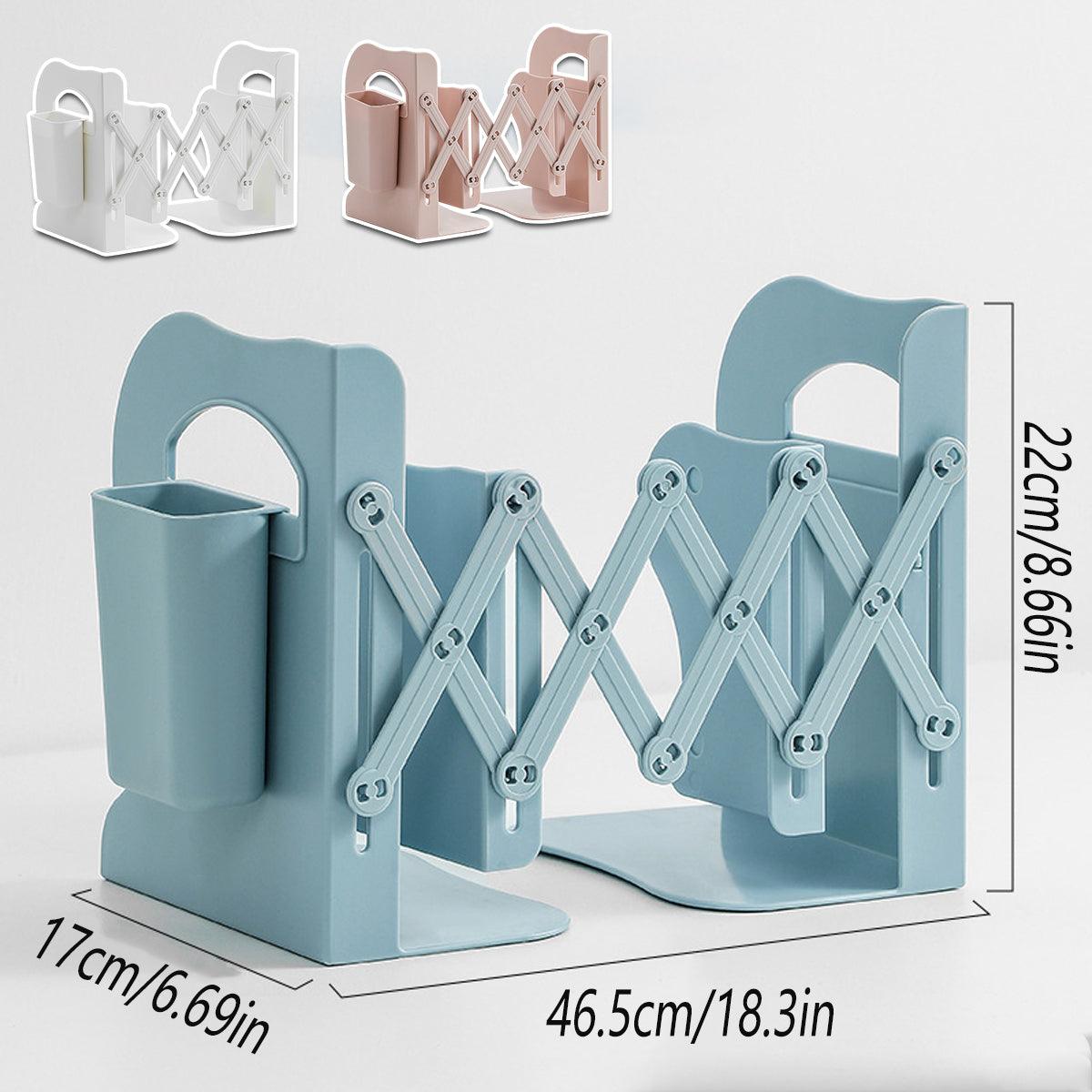 Retractable Book Stand Desk Organizer Adjustable Storage Rack with Pen Holder - White