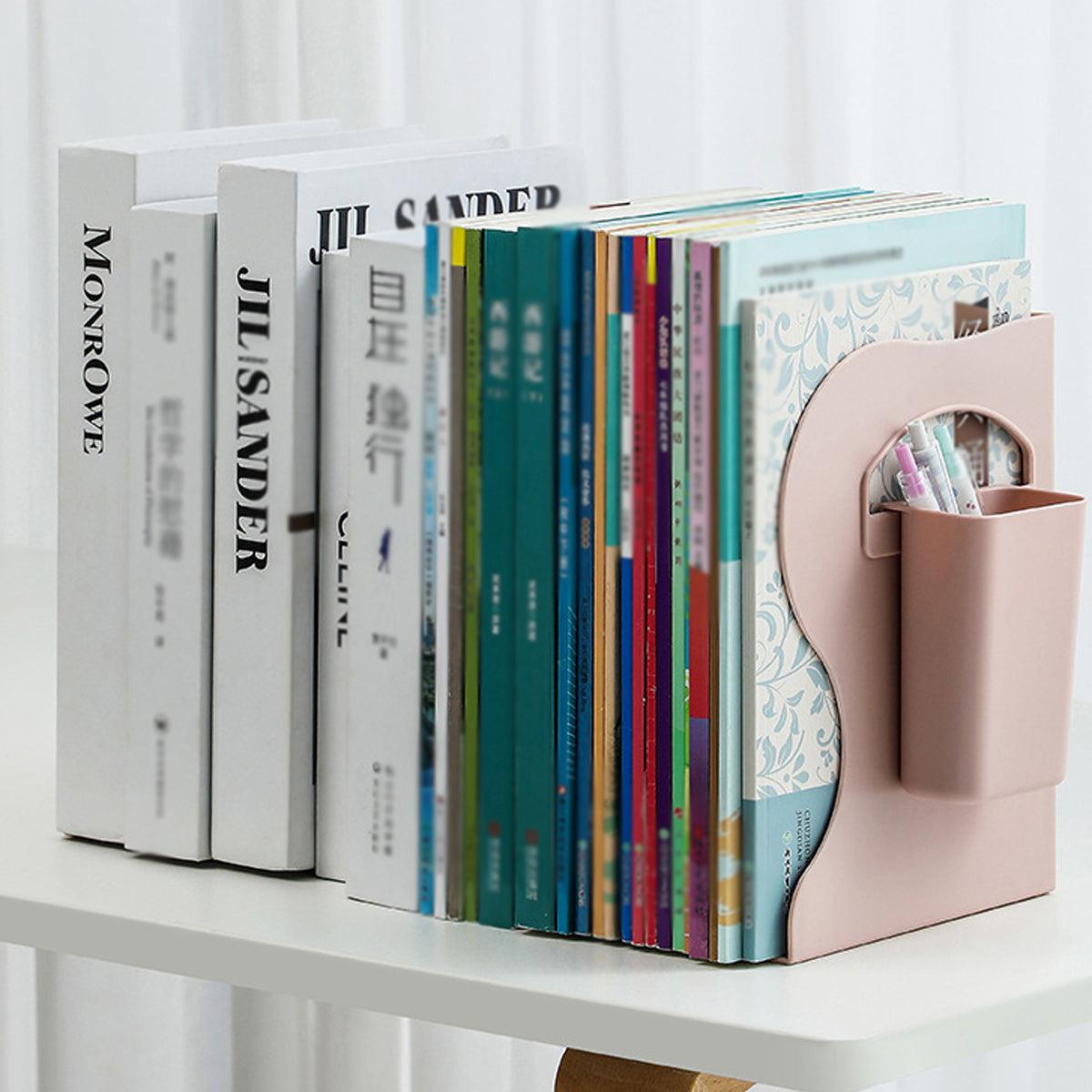 Retractable Book Stand Desk Organizer Adjustable Storage Rack with Pen Holder - White