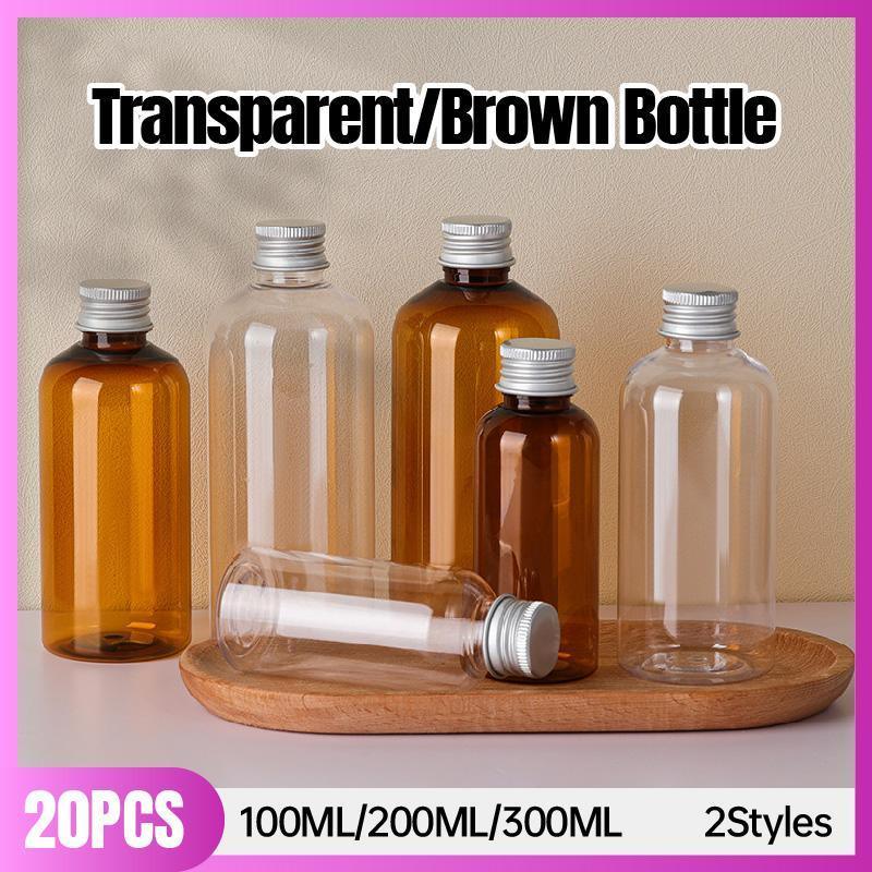 20pcs Brown Transparent Cosmetic Bottles with Aluminum Lids for Packaging - Brown-100ml