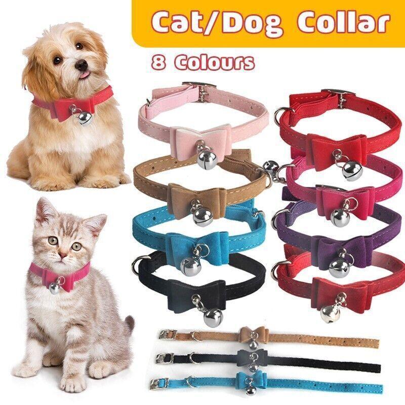 1× Adjustable Suede Cat Collar with Bow Bell Pink Blue Black Red - Black