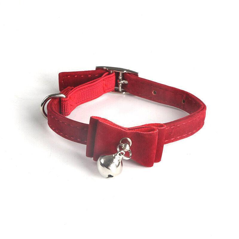 1× Adjustable Suede Cat Collar with Bow Bell Pink Blue Black Red - Black