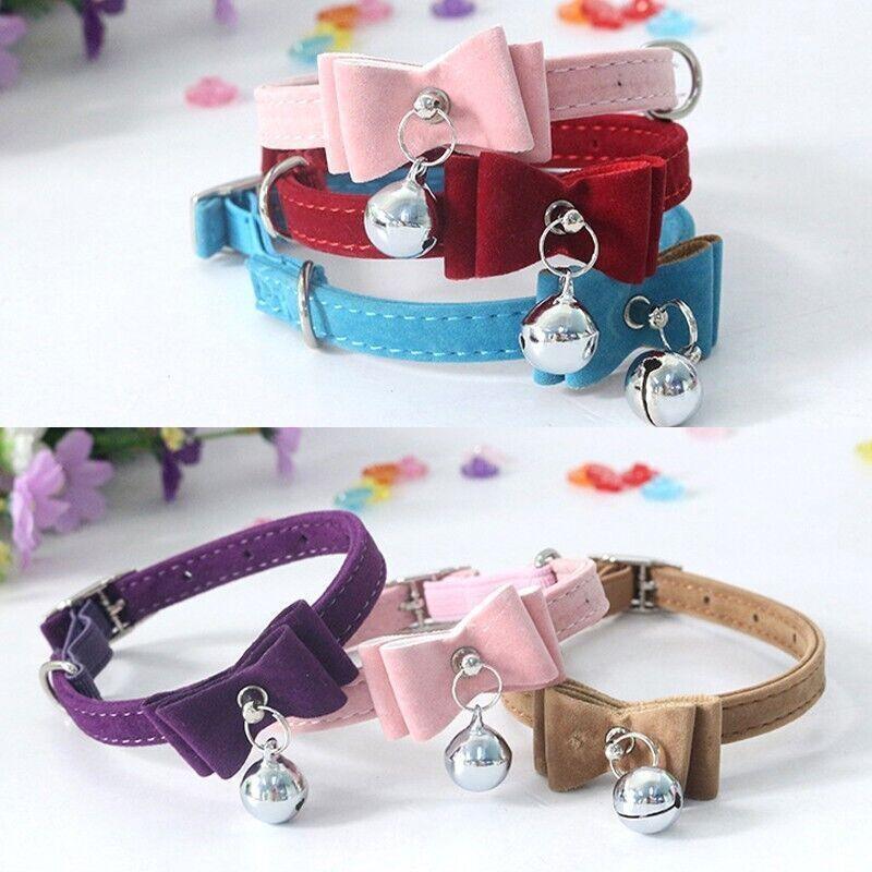 1× Adjustable Suede Cat Collar with Bow Bell Pink Blue Black Red - Brown