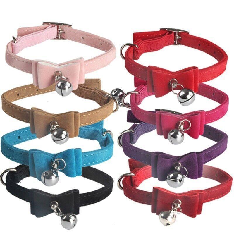 1× Adjustable Suede Cat Collar with Bow Bell Pink Blue Black Red - Dark Red