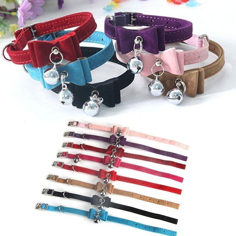 1× Adjustable Suede Cat Collar with Bow Bell Pink Blue Black Red - Dark Red