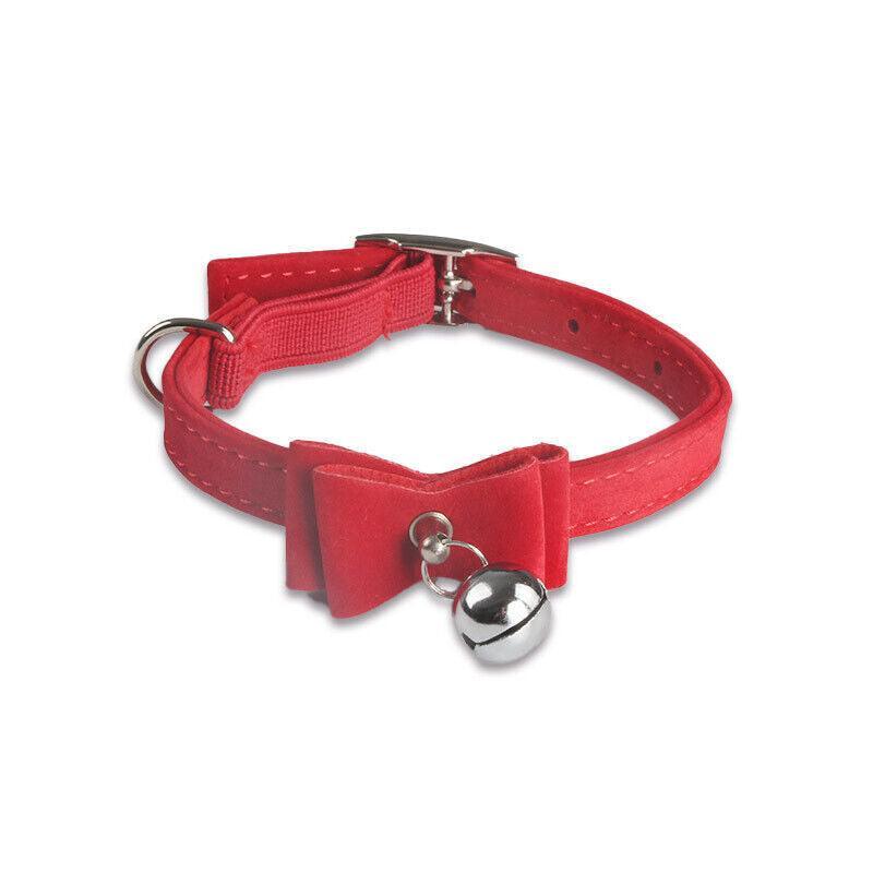 1× Adjustable Suede Cat Collar with Bow Bell Pink Blue Black Red - Red