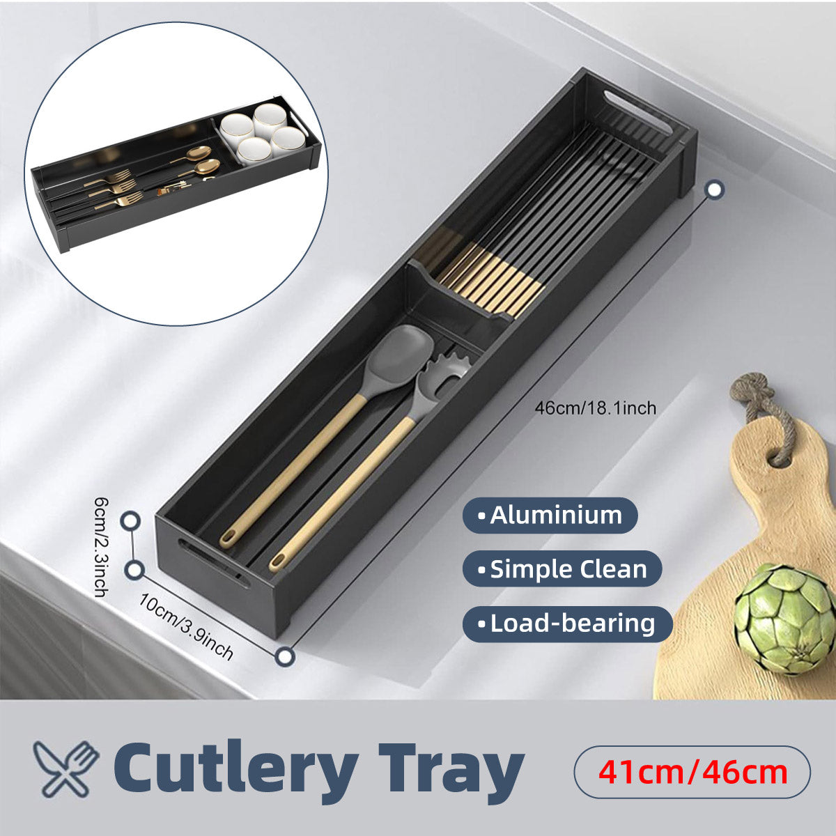 Kitchen Cabinet Drawer Cutlery Tray Utensil Organiser Insert Divider Storage - 46x10cm