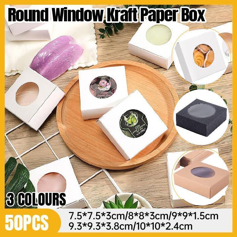 50PCS Handmade Soap Paper Box Round Window Kraft Black White Candy Biscuit Box - Khaki-50pcs 8*8*3CM