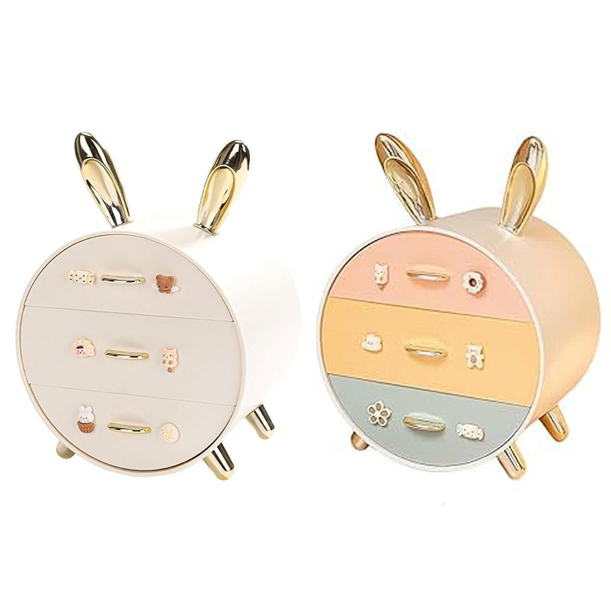 Large Multi-functional Makeup Storage Organizer Rabbit Decor Drawer Cosmetic Box - White