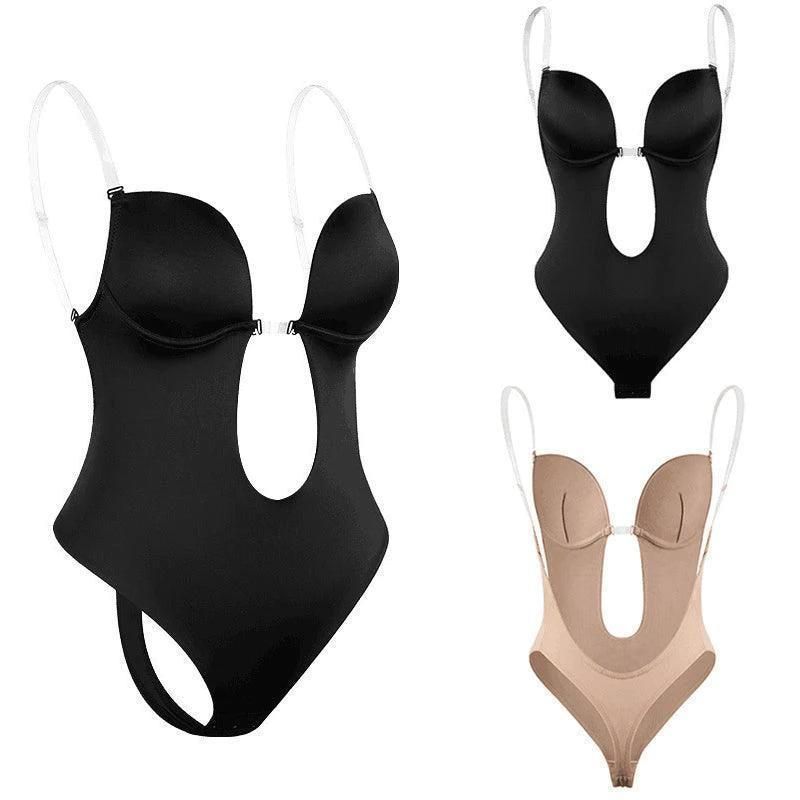 XL Women Deep U Plunge Seamless Push Up Bra Thong Body Shaper Backless Bodysuit - Skin