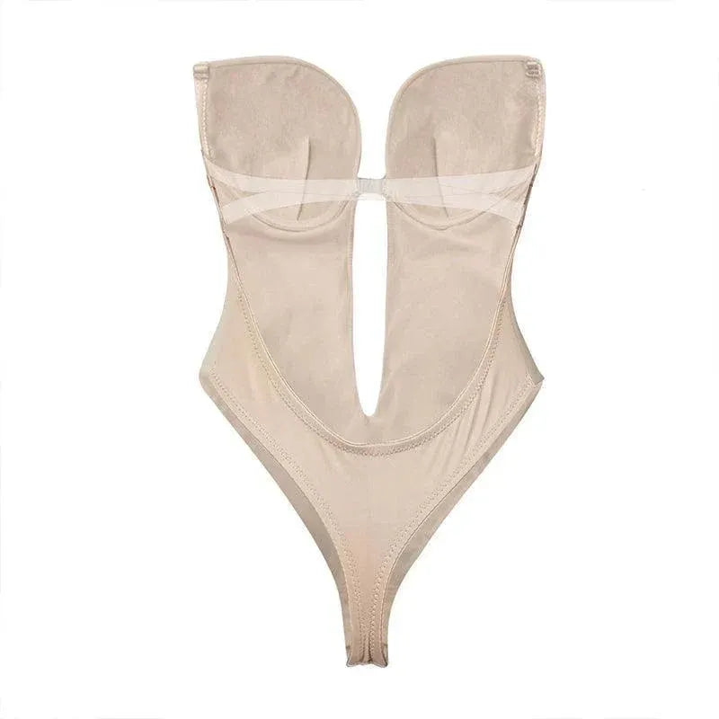 XL Women Deep U Plunge Seamless Push Up Bra Thong Body Shaper Backless Bodysuit - Skin