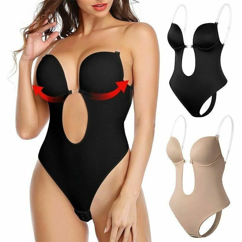 XL Women Deep U Plunge Seamless Push Up Bra Thong Body Shaper Backless Bodysuit - Skin