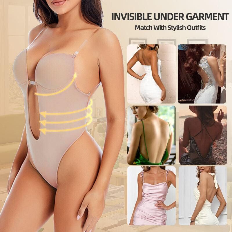 XL Women Deep U Plunge Seamless Push Up Bra Thong Body Shaper Backless Bodysuit - Skin