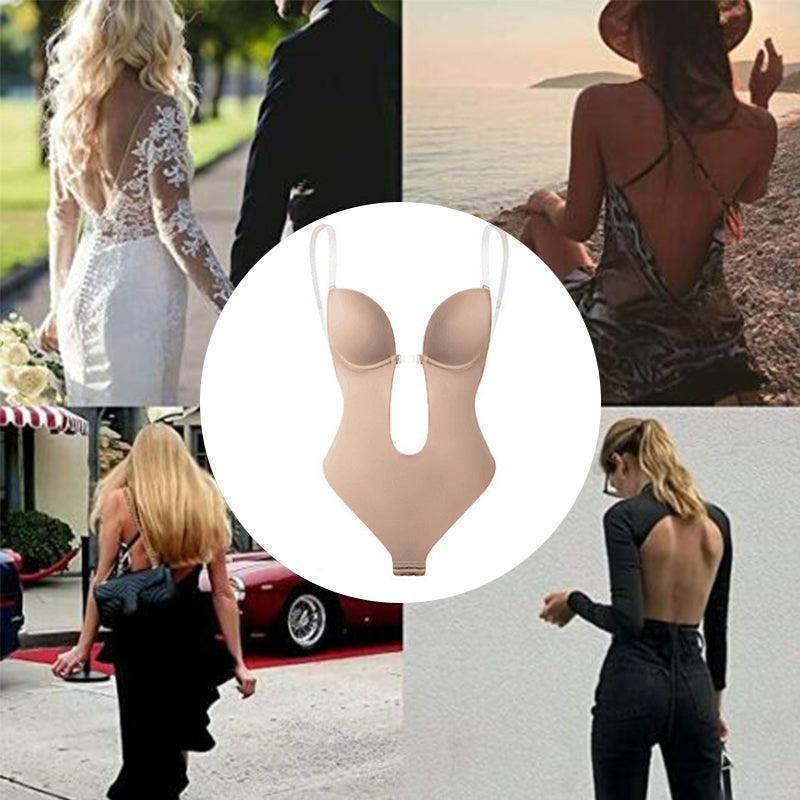 XL Women Deep U Plunge Seamless Push Up Bra Thong Body Shaper Backless Bodysuit - Skin