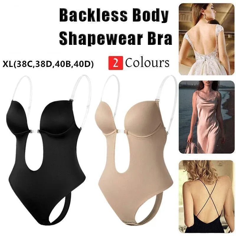 XL Women Deep U Plunge Seamless Push Up Bra Thong Body Shaper Backless Bodysuit - Black