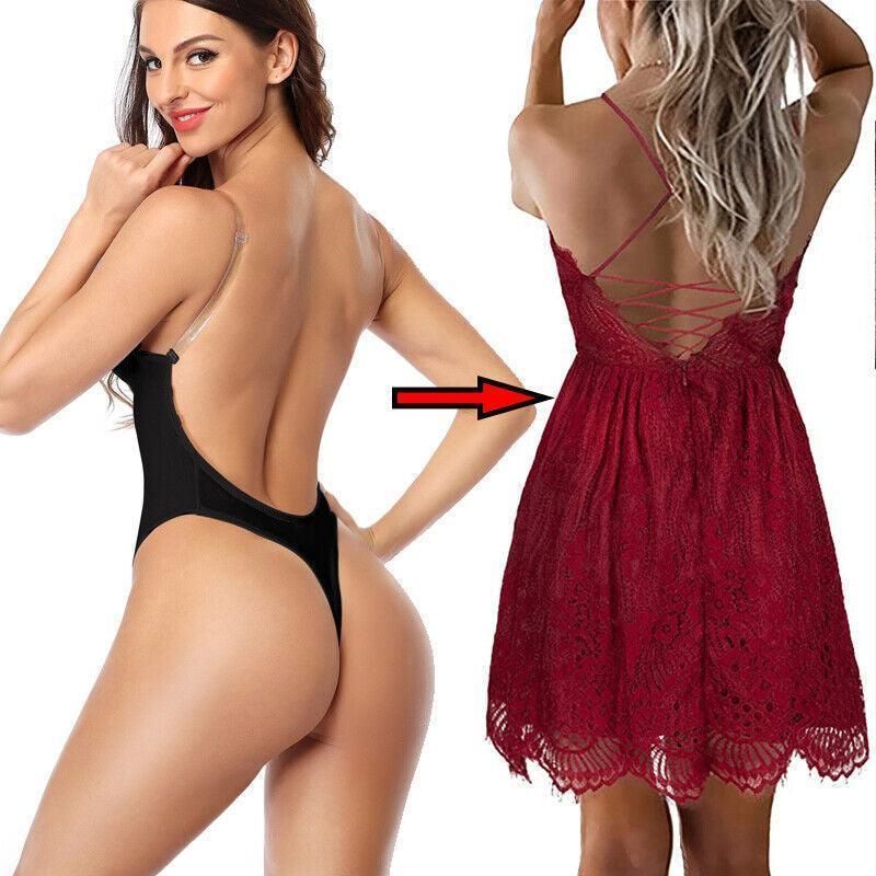 XL Women Deep U Plunge Seamless Push Up Bra Thong Body Shaper Backless Bodysuit - Black