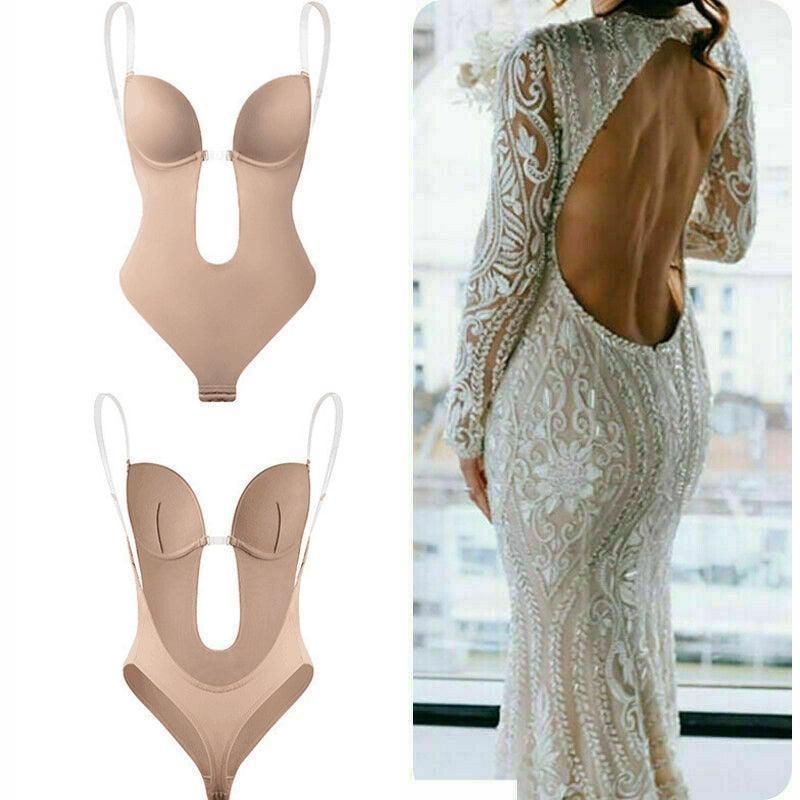 XL Women Deep U Plunge Seamless Push Up Bra Thong Body Shaper Backless Bodysuit - Black