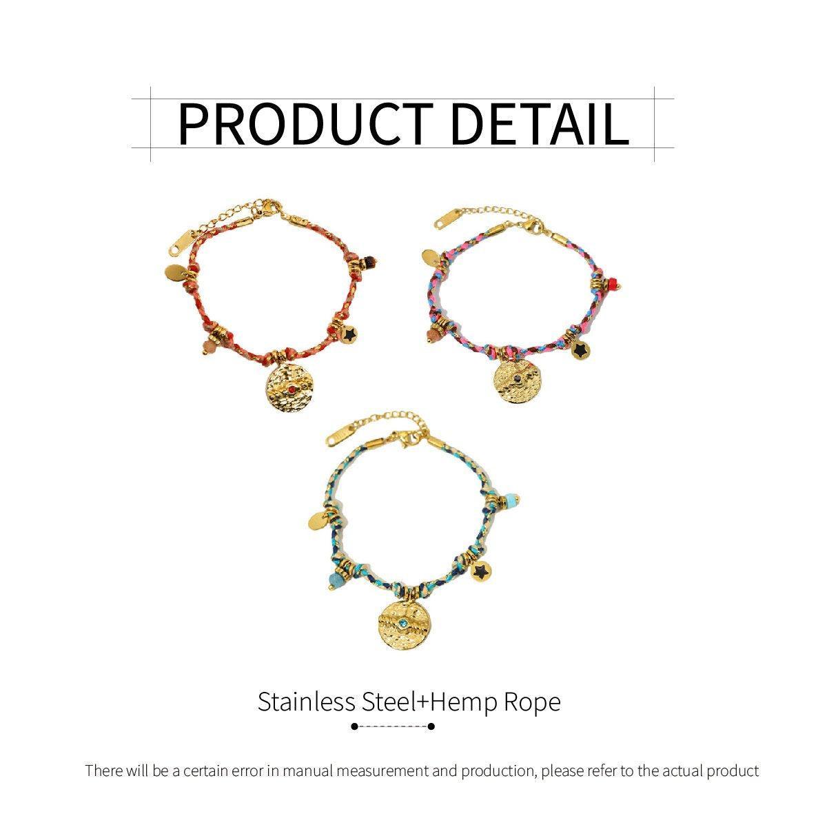 Boho Bracelet Set Women Natural Stone Woven Retro Style Adjustable Layered - Pink