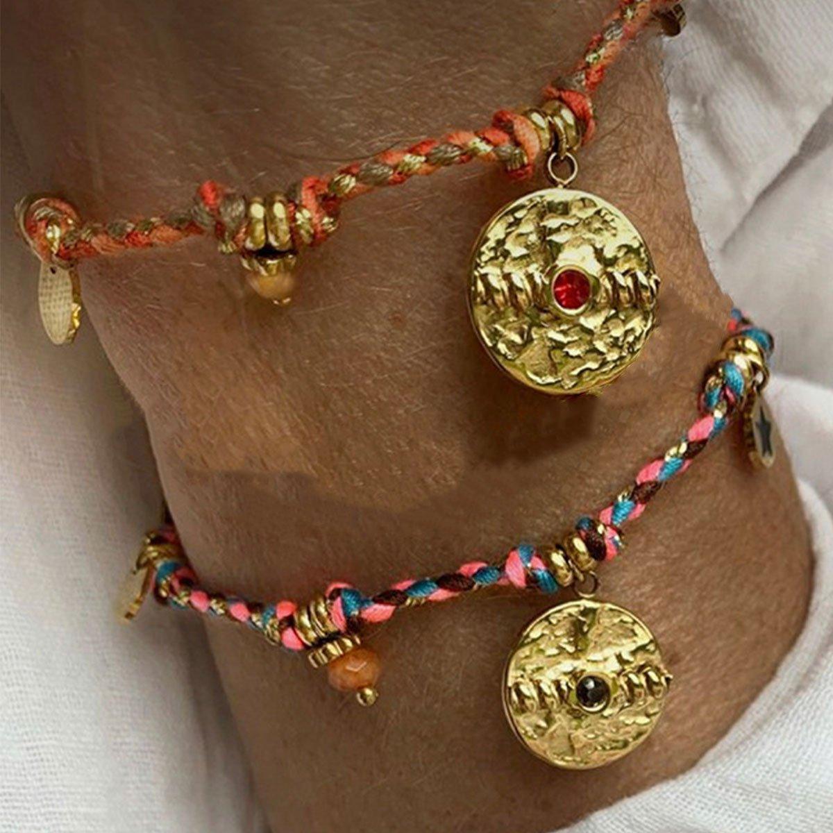 Boho Bracelet Set Women Natural Stone Woven Retro Style Adjustable Layered - Pink