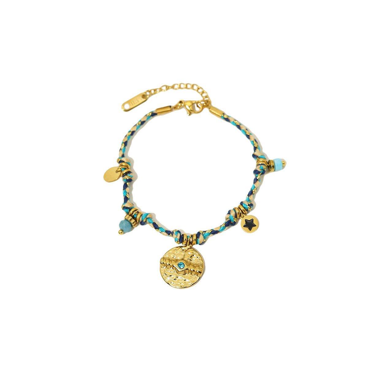 Boho Bracelet Set Women Natural Stone Woven Retro Style Adjustable Layered - Pink